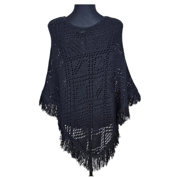 A.L.C Womens Black Open Weave Fringe Boho Poncho Sweater Sz OS Lightweight Chic - Picture 7 of 13